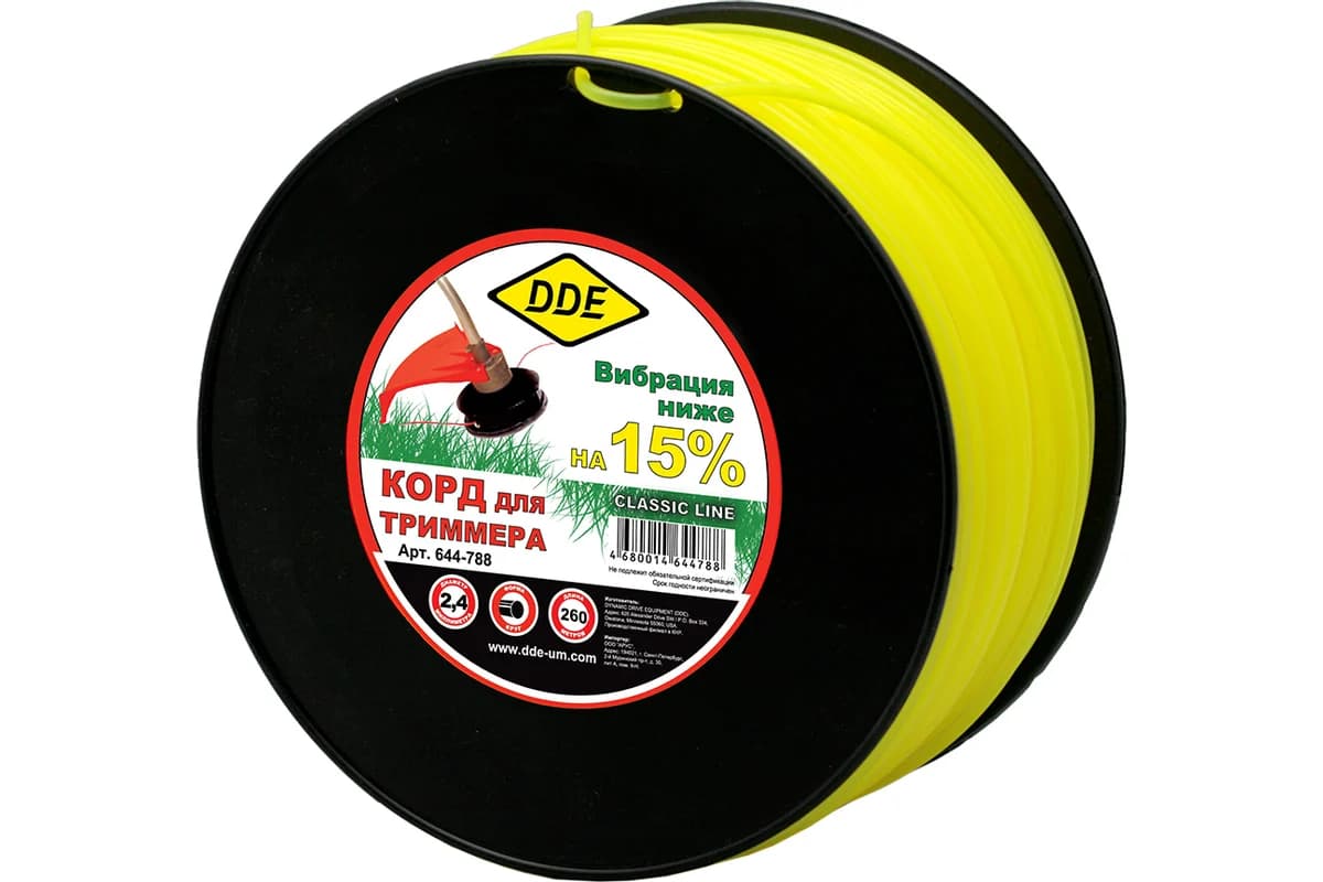 Корд триммерный на катушке DDE "Classic line" (круг) 2,4 мм х 260 м, желтый, фото 1